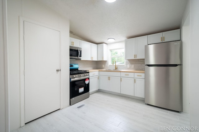 7975 Becker St NE, Cedar Springs, MI 49319 - kitchen featuring stainless steel appliances, a sink, backsplash, light wood-style floors, and vaulted ceiling