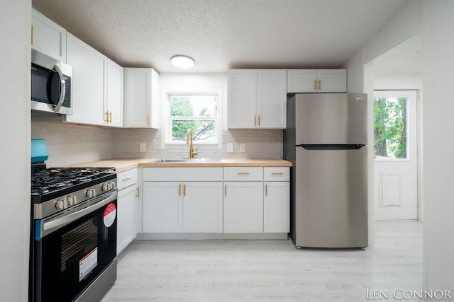 7975 Becker St NE, Cedar Springs, MI 49319 - kitchen with appliances with stainless steel finishes, a sink, white cabinets, decorative backsplash, and a textured ceiling