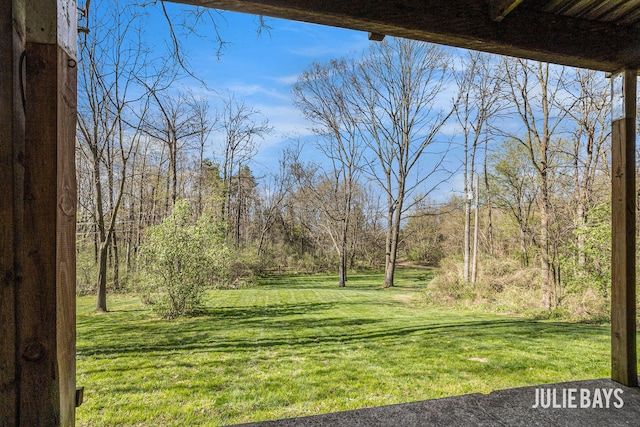 view of grassy yard with a forest view