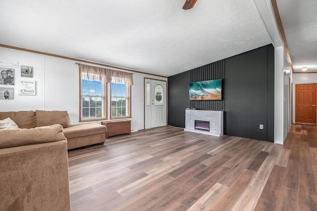 10060 Pioneer Rd, Hillsdale, MI 49242 - living room with ornamental molding, wood finished floors, a glass covered fireplace, and a textured ceiling