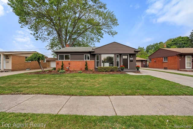 32525 Holden Dr, Warren, MI 48092 - ranch-style house with a chimney, a front lawn, brick siding, and a garage