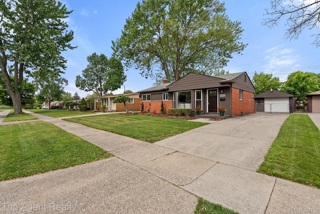 32525 Holden Dr, Warren, MI 48092 - ranch-style home featuring brick siding, an outdoor structure, a garage, and a front lawn