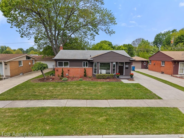 32525 Holden Dr, Warren, MI 48092 - ranch-style home featuring brick siding, a front lawn, a chimney, and concrete driveway