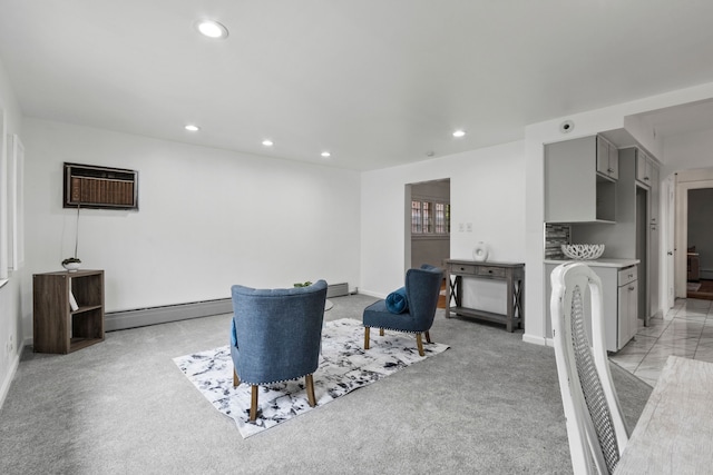18030 Santa Barbara Dr, Detroit, MI 48221 - living area with a baseboard radiator, an AC wall unit, recessed lighting, light colored carpet, and baseboards