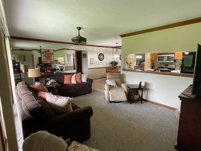 15091 Sebastian Ct, Shelby Twp, MI 48315 - carpeted living room with ornamental molding and a textured ceiling