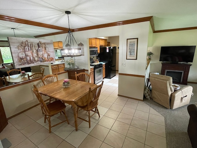 15091 Sebastian Ct, Shelby Twp, MI 48315 - dining room featuring ornamental molding, a fireplace, light tile patterned floors, a chandelier, and baseboards