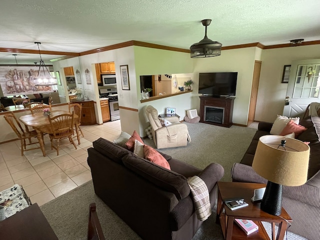15091 Sebastian Ct, Shelby Twp, MI 48315 - living room featuring light tile patterned floors, crown molding, a fireplace, a textured ceiling, and baseboards