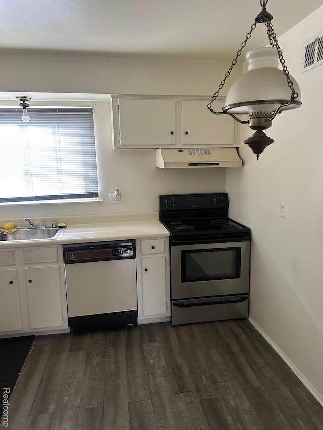 25332 Shiawassee Cir, Southfield, MI 48033 - kitchen featuring dishwasher, stainless steel electric range oven, under cabinet range hood, and white cabinetry