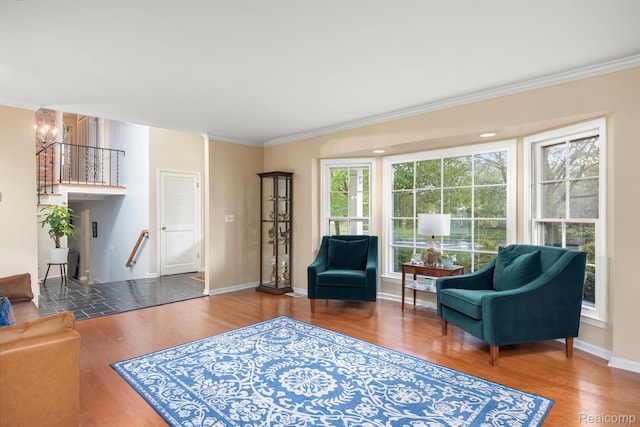 2960 Timberwyck Trail Dr, Troy, MI 48098 - living area featuring wood finished floors, ornamental molding, baseboards, and a chandelier