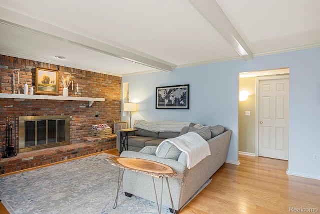 2960 Timberwyck Trail Dr, Troy, MI 48098 - living room featuring beamed ceiling, wood finished floors, baseboards, and a fireplace