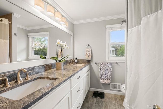 2960 Timberwyck Trail Dr, Troy, MI 48098 - full bathroom with double vanity, baseboards, healthy amount of natural light, crown molding, and toilet