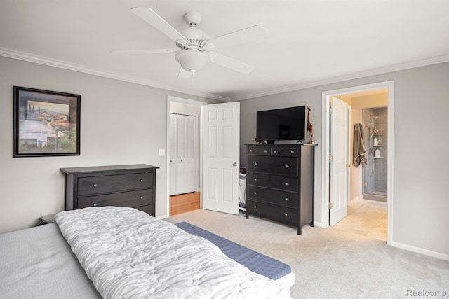 2960 Timberwyck Trail Dr, Troy, MI 48098 - bedroom featuring crown molding, light colored carpet, baseboards, ensuite bathroom, and a ceiling fan