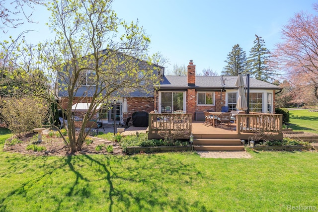2960 Timberwyck Trail Dr, Troy, MI 48098 - rear view of property featuring a chimney, a lawn, brick siding, and a wooden deck