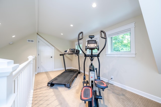 7881 Lakewood Dr, Coloma, MI 49038 - workout area featuring carpet floors, recessed lighting, baseboards, and lofted ceiling