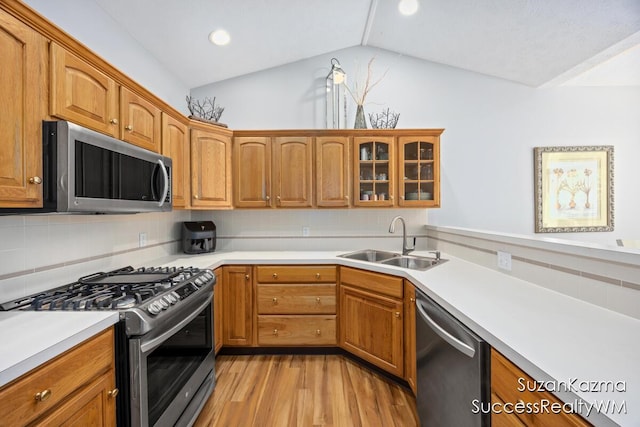 1323 Gleneagle Pl Unit 7, Hudsonville, MI 49426 - kitchen featuring appliances with stainless steel finishes, a sink, vaulted ceiling, light wood-style floors, and tasteful backsplash