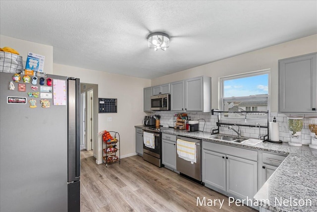 kitchen with stainless steel appliances, a sink, tasteful backsplash, light wood-style floors, and a textured ceiling