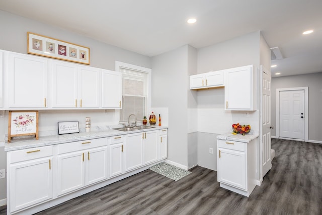 1426 Canton St, Detroit, MI 48207 - kitchen with a sink, white cabinets, dark wood-style floors, tasteful backsplash, and recessed lighting