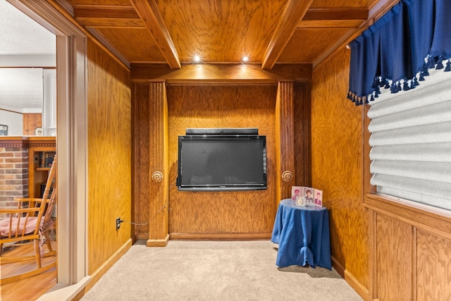 449 Spruce St, Wyandotte, MI 48192 - misc room featuring wooden ceiling, wood walls, carpet flooring, and baseboards