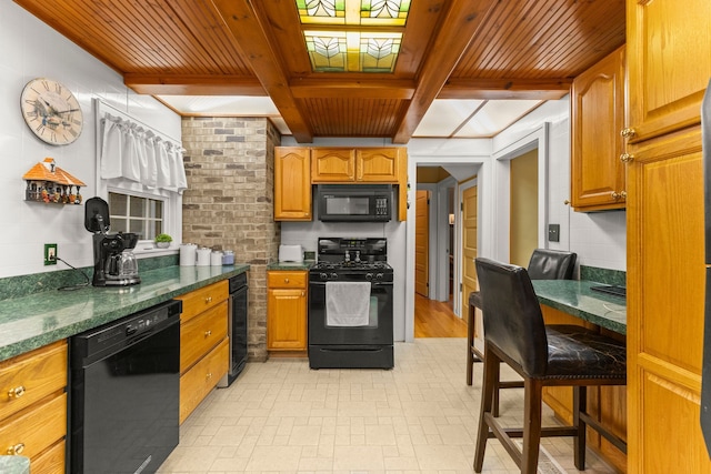 449 Spruce St, Wyandotte, MI 48192 - kitchen featuring black appliances, wood ceiling with exposed beams, and brown cabinets