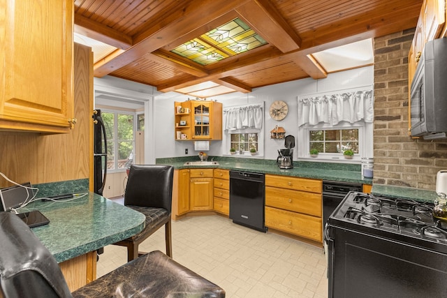 449 Spruce St, Wyandotte, MI 48192 - kitchen with black appliances, wood ceiling with exposed beams, dark countertops, glass insert cabinets, and brick patterned floors