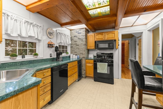 449 Spruce St, Wyandotte, MI 48192 - kitchen featuring black appliances, wood ceiling with exposed beams, dark countertops, a sink, and wine cooler
