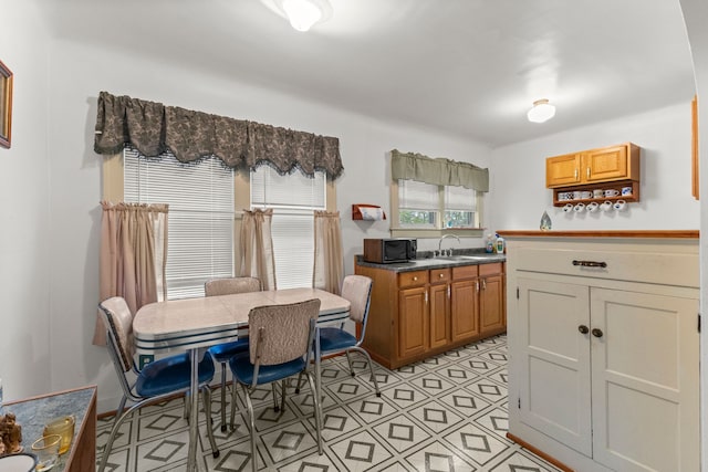 449 Spruce St, Wyandotte, MI 48192 - kitchen featuring a sink, black microwave, and dark countertops