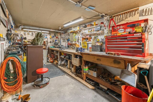449 Spruce St, Wyandotte, MI 48192 - miscellaneous room featuring a workshop area and unfinished concrete floors