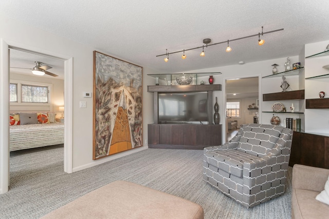 7361 N Shore Dr, South Haven, MI 49090 - living room with carpet floors, a textured ceiling, and a ceiling fan