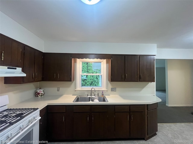 1420 Jones, Port Huron, MI 48060 - kitchen with under cabinet range hood, white range with gas stovetop, a sink, and light countertops