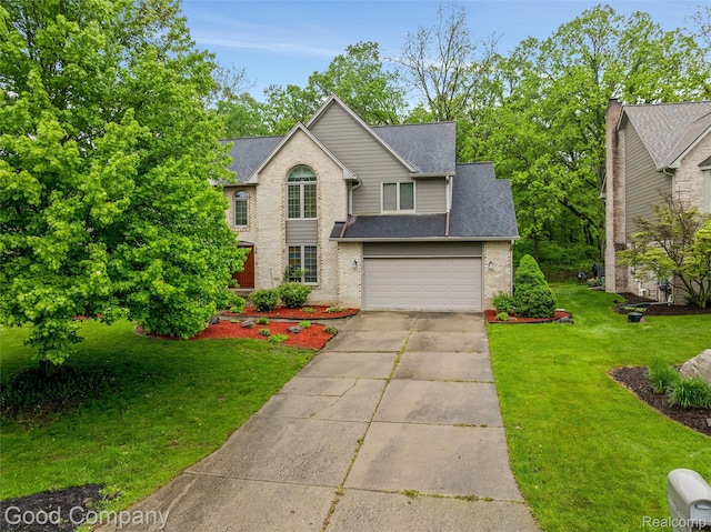 5893 Christina Dr, West Bloomfield, MI 48324 - traditional home with driveway, brick siding, a garage, a shingled roof, and a front yard