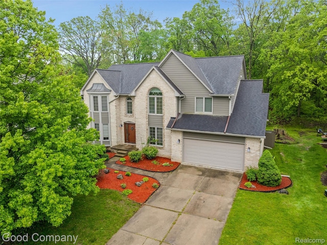 5893 Christina Dr, West Bloomfield, MI 48324 - view of front facade with brick siding, concrete driveway, roof with shingles, a front lawn, and an attached garage