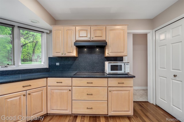 5893 Christina Dr, West Bloomfield, MI 48324 - kitchen featuring white microwave, light brown cabinets, under cabinet range hood, black electric stovetop, and decorative backsplash