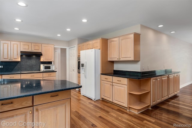 5893 Christina Dr, West Bloomfield, MI 48324 - kitchen with light brown cabinetry, white appliances, wood finished floors, recessed lighting, and tasteful backsplash