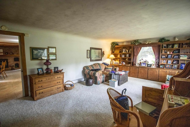 living room featuring carpet flooring and a textured ceiling