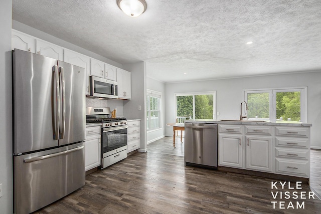 9020 5 Mile Rd NE, Ada, MI 49301 - kitchen featuring appliances with stainless steel finishes, a sink, dark wood-style flooring, a textured ceiling, and white cabinets