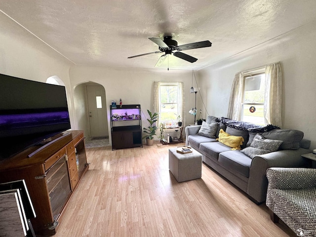 8251 Secor Rd, Lambertville, MI 48144 - living room with arched walkways, plenty of natural light, light wood-type flooring, ceiling fan, and a textured ceiling