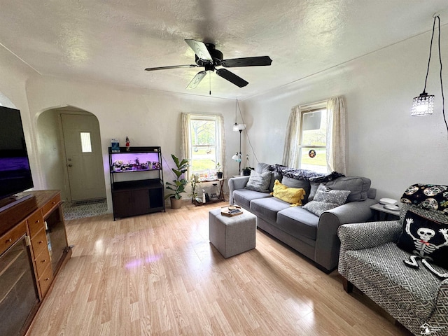 8251 Secor Rd, Lambertville, MI 48144 - living area with arched walkways, light wood finished floors, ceiling fan, and a textured ceiling