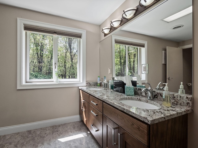 4624 Parman Rd, Stockbridge, MI 49285 - bathroom with healthy amount of natural light, baseboards, and double vanity