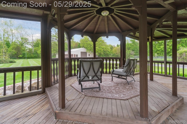 2232 Hayward St, Clio, MI 48420 - wooden deck featuring a gazebo, a yard, and view of wooded area