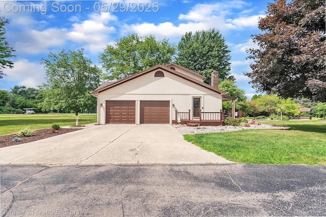 2232 Hayward St, Clio, MI 48420 - view of front of home with a front yard, a chimney, a garage, concrete driveway, and stucco siding