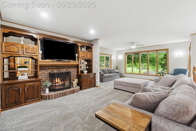 2232 Hayward St, Clio, MI 48420 - living area with carpet and a brick fireplace