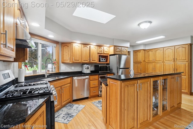 2232 Hayward St, Clio, MI 48420 - kitchen with stainless steel appliances, a sink, under cabinet range hood, light wood-type flooring, and glass insert cabinets