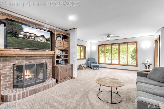 2232 Hayward St, Clio, MI 48420 - carpeted living room with a fireplace, ceiling fan, and baseboards
