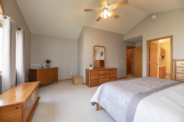 7130 Riesling St, Michigan, MI 49071 - bedroom featuring vaulted ceiling, light colored carpet, connected bathroom, ceiling fan, and baseboards