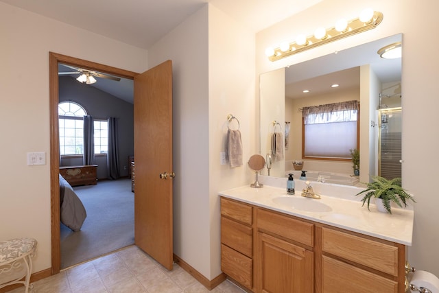 7130 Riesling St, Michigan, MI 49071 - full bath with baseboards, vanity, a ceiling fan, a shower with shower door, and ensuite bathroom