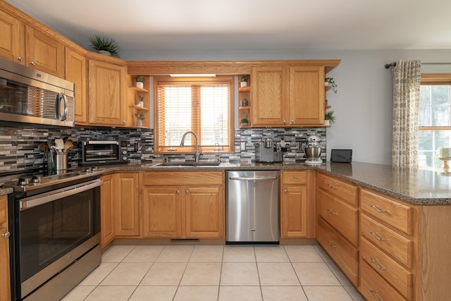 7130 Riesling St, Michigan, MI 49071 - kitchen with stainless steel appliances, open shelves, a sink, a peninsula, and tasteful backsplash