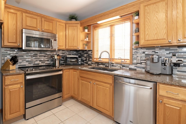7130 Riesling St, Michigan, MI 49071 - kitchen with appliances with stainless steel finishes, a sink, open shelves, light tile patterned flooring, and backsplash