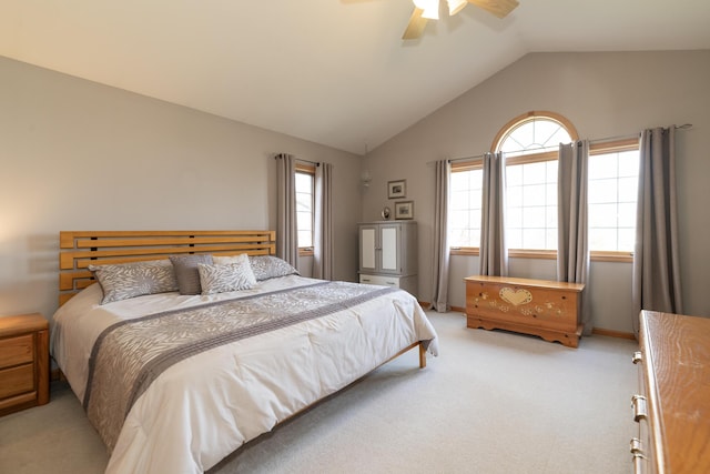 7130 Riesling St, Michigan, MI 49071 - bedroom featuring light colored carpet, vaulted ceiling, and ceiling fan