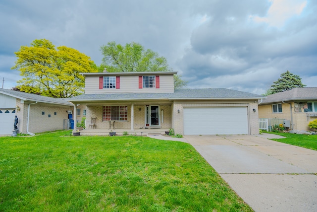 32904 Surow Dr, Warren, MI 48093 - traditional-style house featuring a porch, an attached garage, brick siding, driveway, and a shingled roof