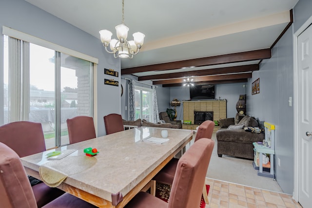 32904 Surow Dr, Warren, MI 48093 - dining area featuring a chandelier, a brick fireplace, and beam ceiling